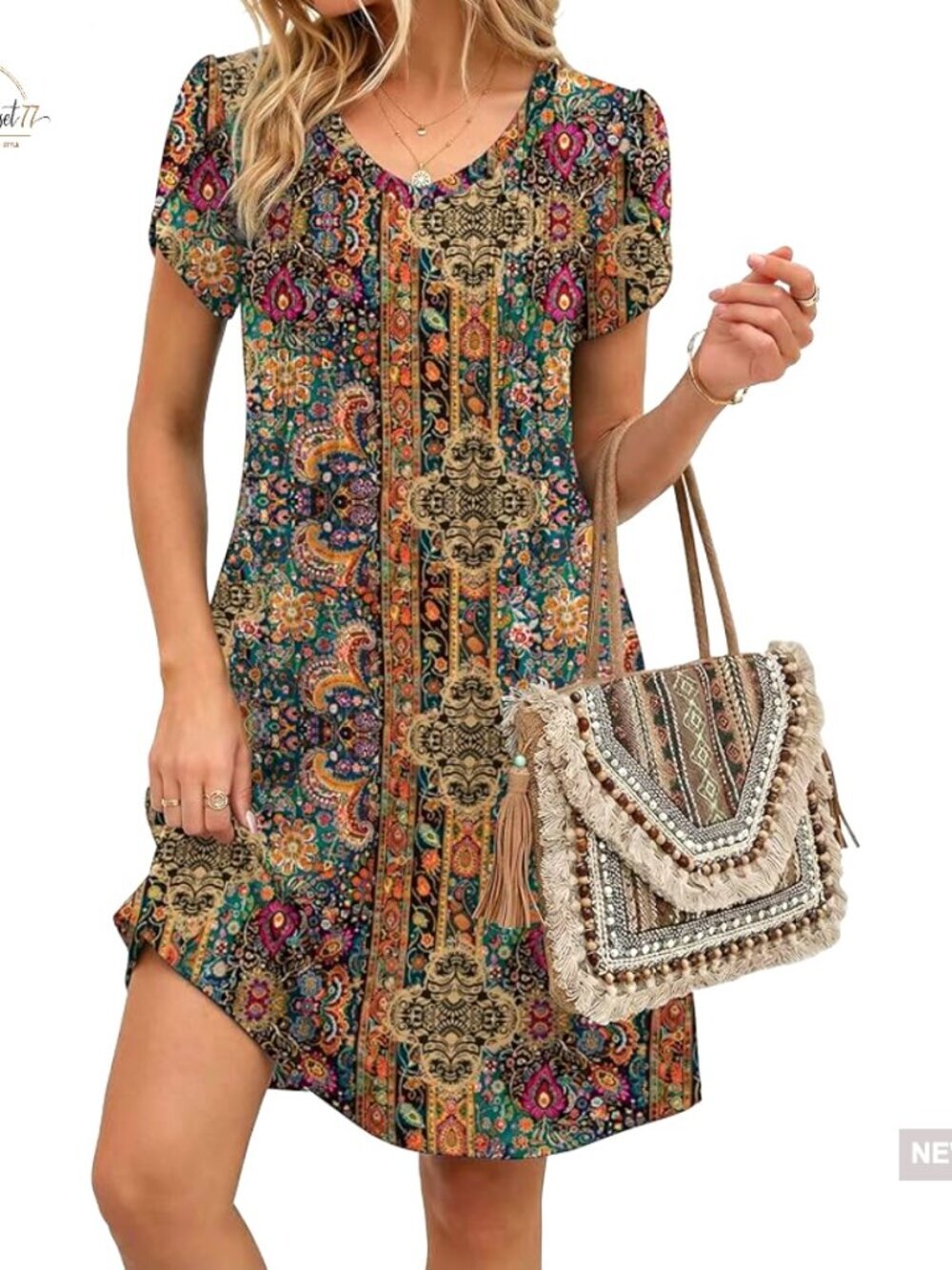 V-Neck A-Line Summer Dress Knee-Length Casual Floral Boho